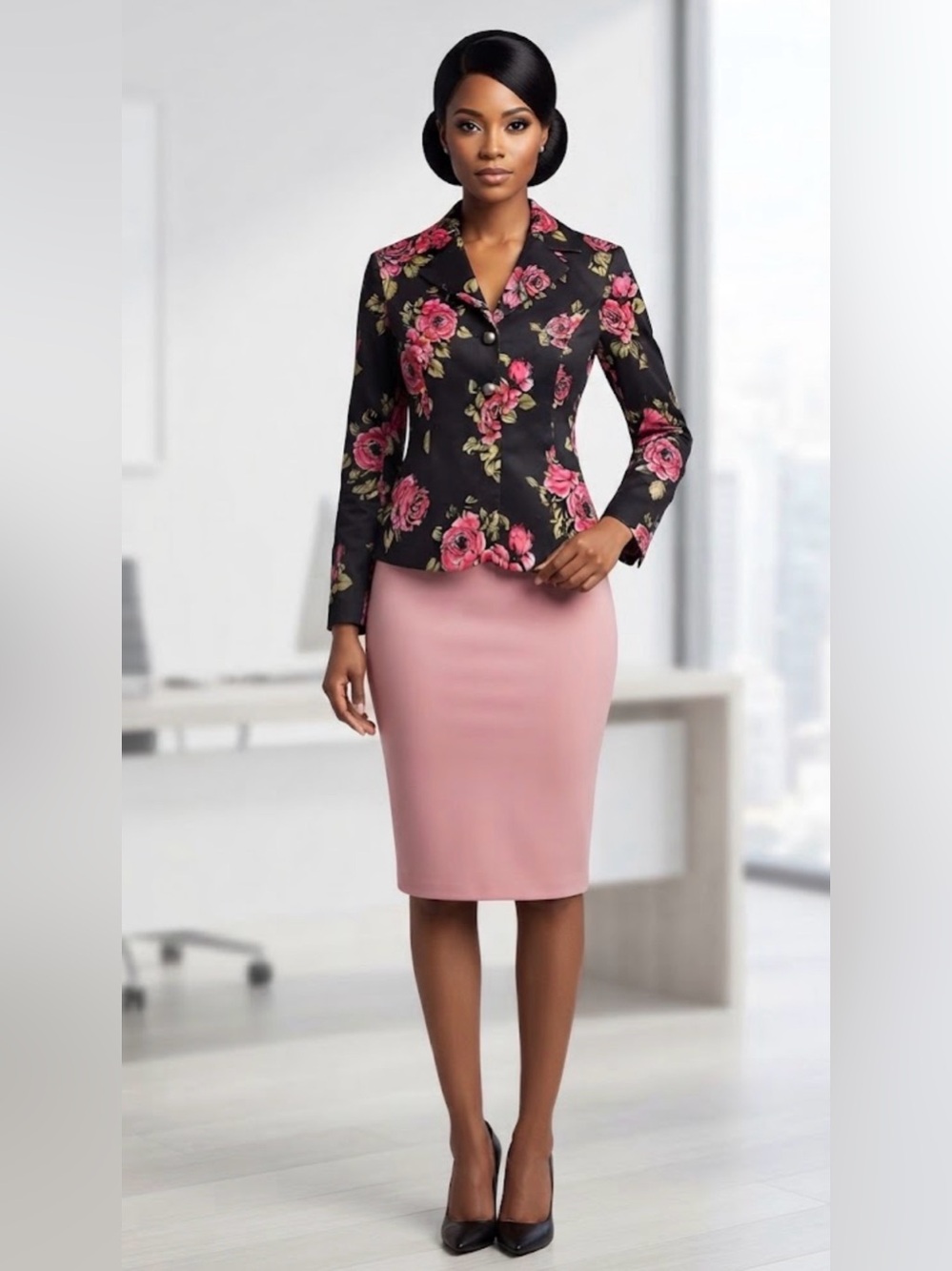 _KUDA Floral Blazer in Black & Pink Size Medium